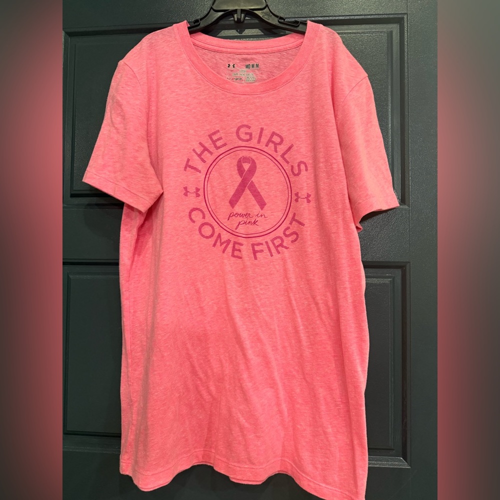 Under Armor heat gear, power in  pink breast cancer awareness, med loose fit